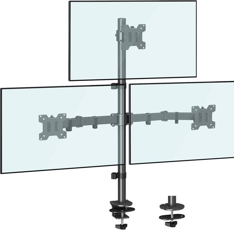 MOUNTUP Triple Monitor Stand, Height Adjustable Monitor Desk Mount Fit for 17 to 32 Inch Computer Screens, Stacked Monitors Arm for 3 Monitors, with C-Clamp and Grommet Base, up to 17.6lbs per Arm - Image 1